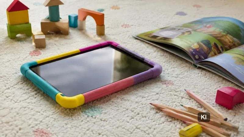 Tablet für Kinder mit bunter Schutzhülle auf einem Kinderzimmerteppich neben Bausteinen und Buntstiften